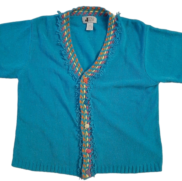 Vtg 1990s J Two New York Torquiose Blue Chenille Cardigan Colorful Accents sz L - Picture 1 of 3